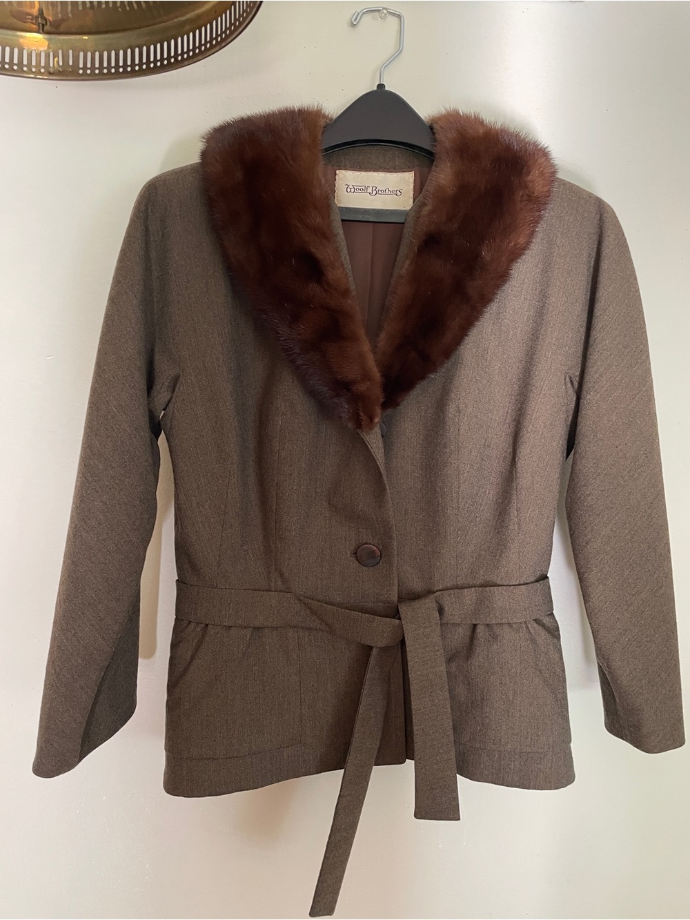 Vintage 1950s Brown Belted Jacket with Brown Fur Collar ILGWU